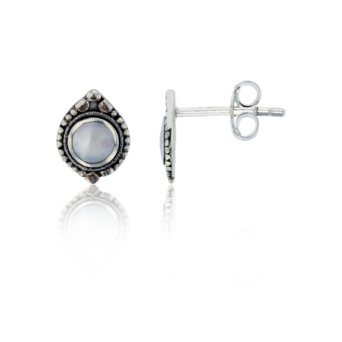 Sterling Silver Oxidized Circle Mother Of Pearl Pear Shape Stud Earring