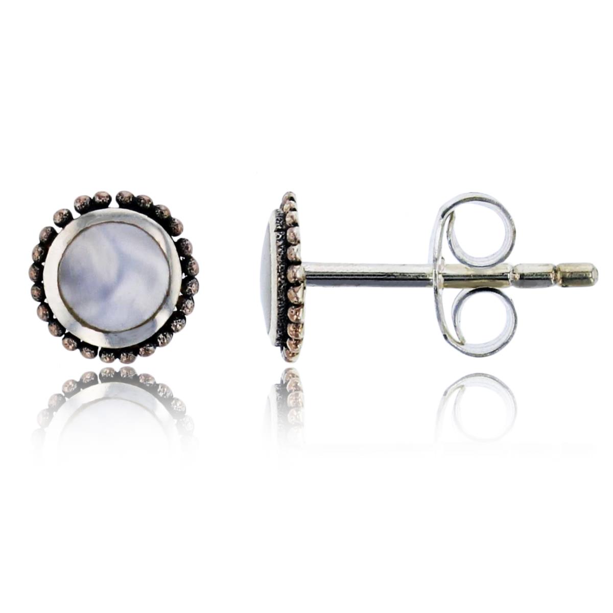 Sterling Silver Oxidized Milgrain Circle Mother Of Pearl Stud Earring