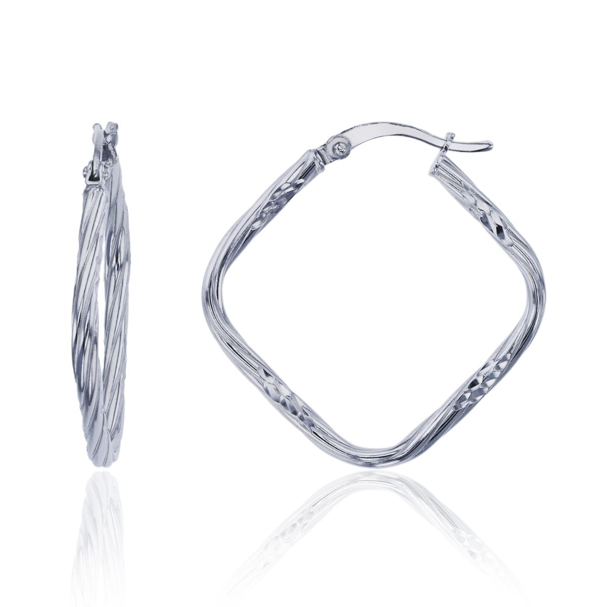 Sterling Silver Rhodium 30x2mm DC & Textured Squared Hoop Earring