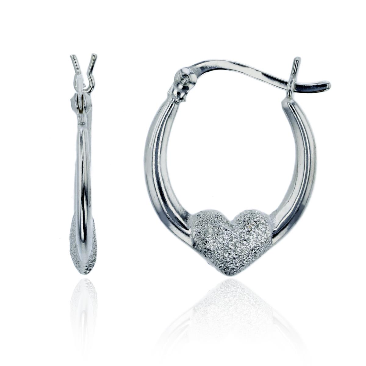 Sterling Silver Rhodium Glitter Textured Heart Hoop Earring