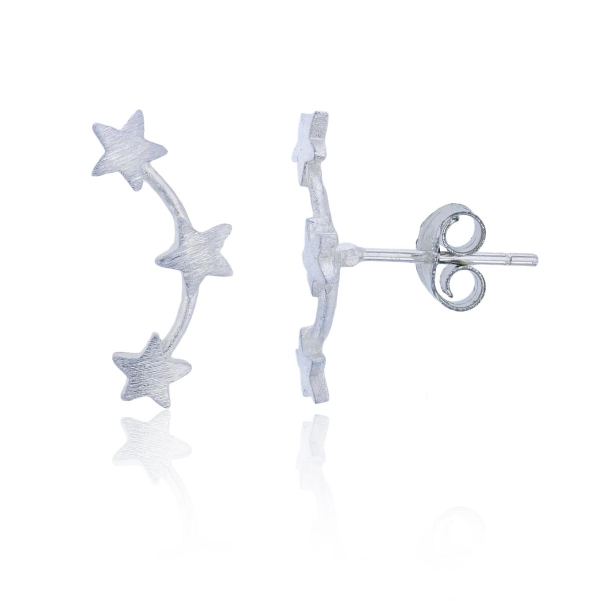 Sterling Silver Rhodium Satin Finish Triple Stars Curved Stud Earring