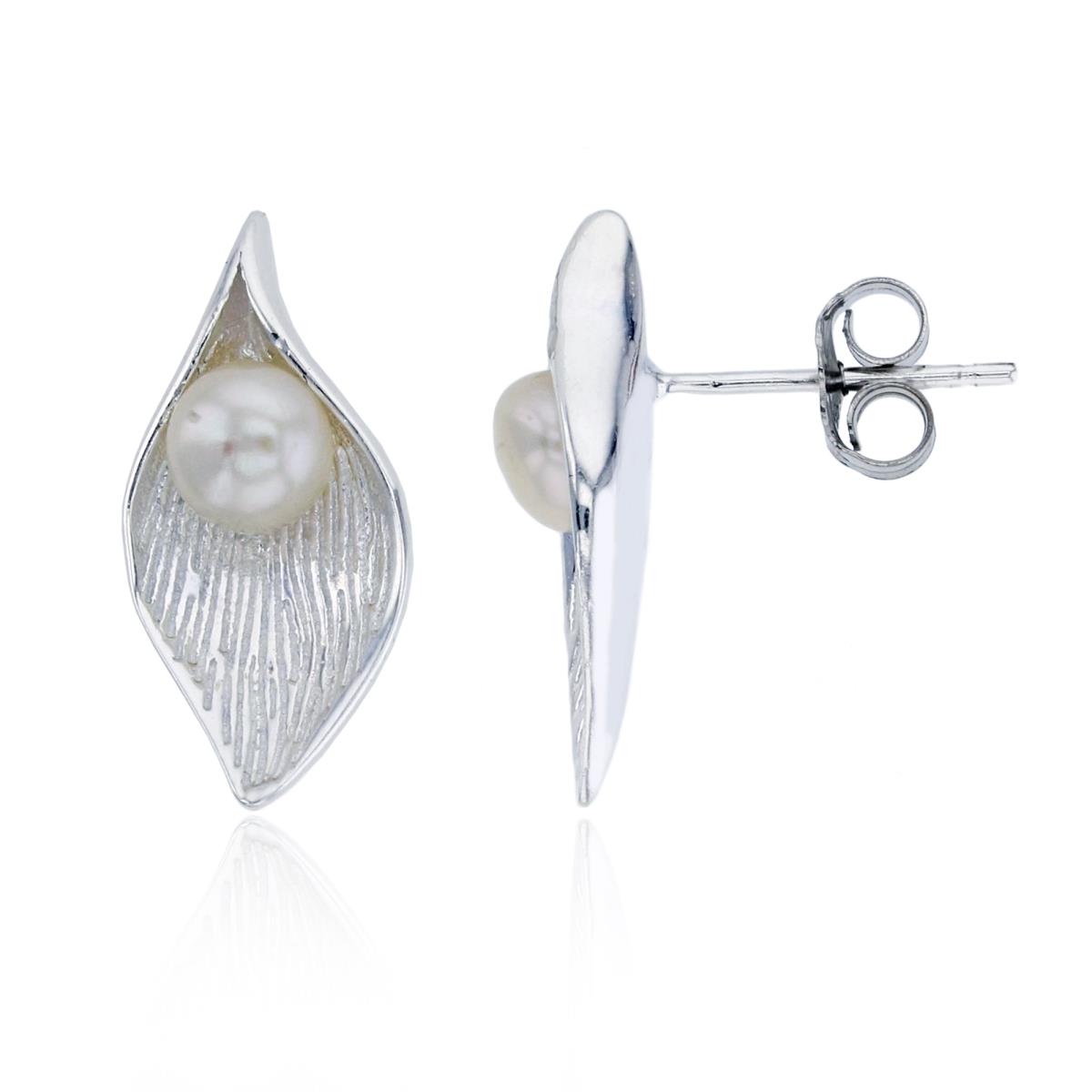 Sterling Silver Silver Plated 5mm Freshwater Pearl Textured Leaf Stud Earring