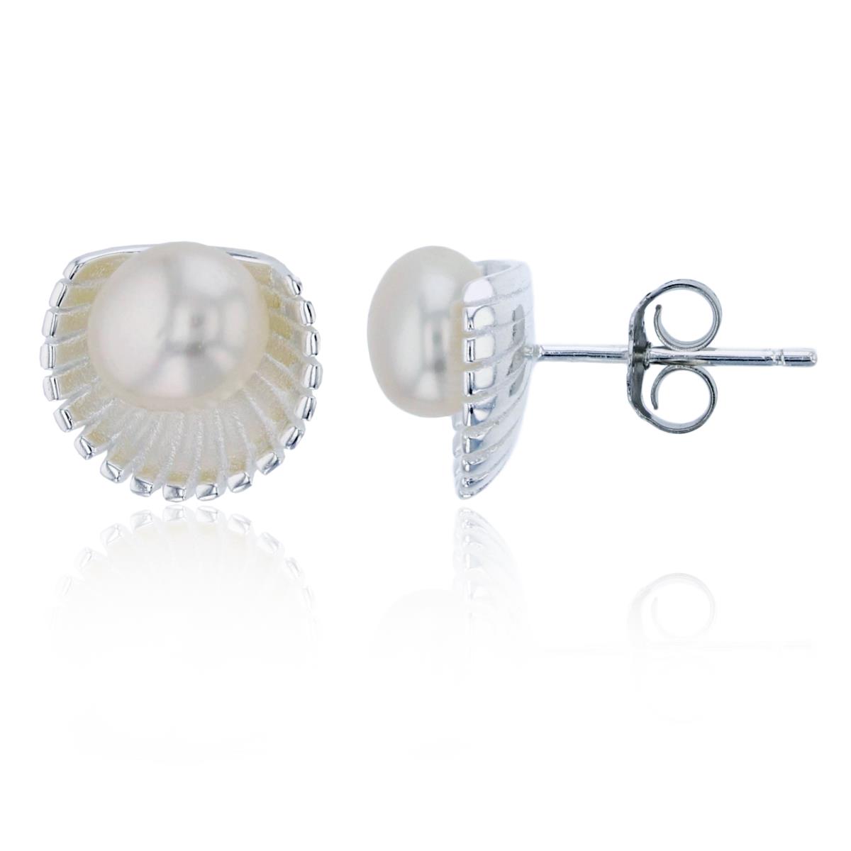 Sterling Silver Rhodium 6mm Freshwater Pearl Shell Stud Earring