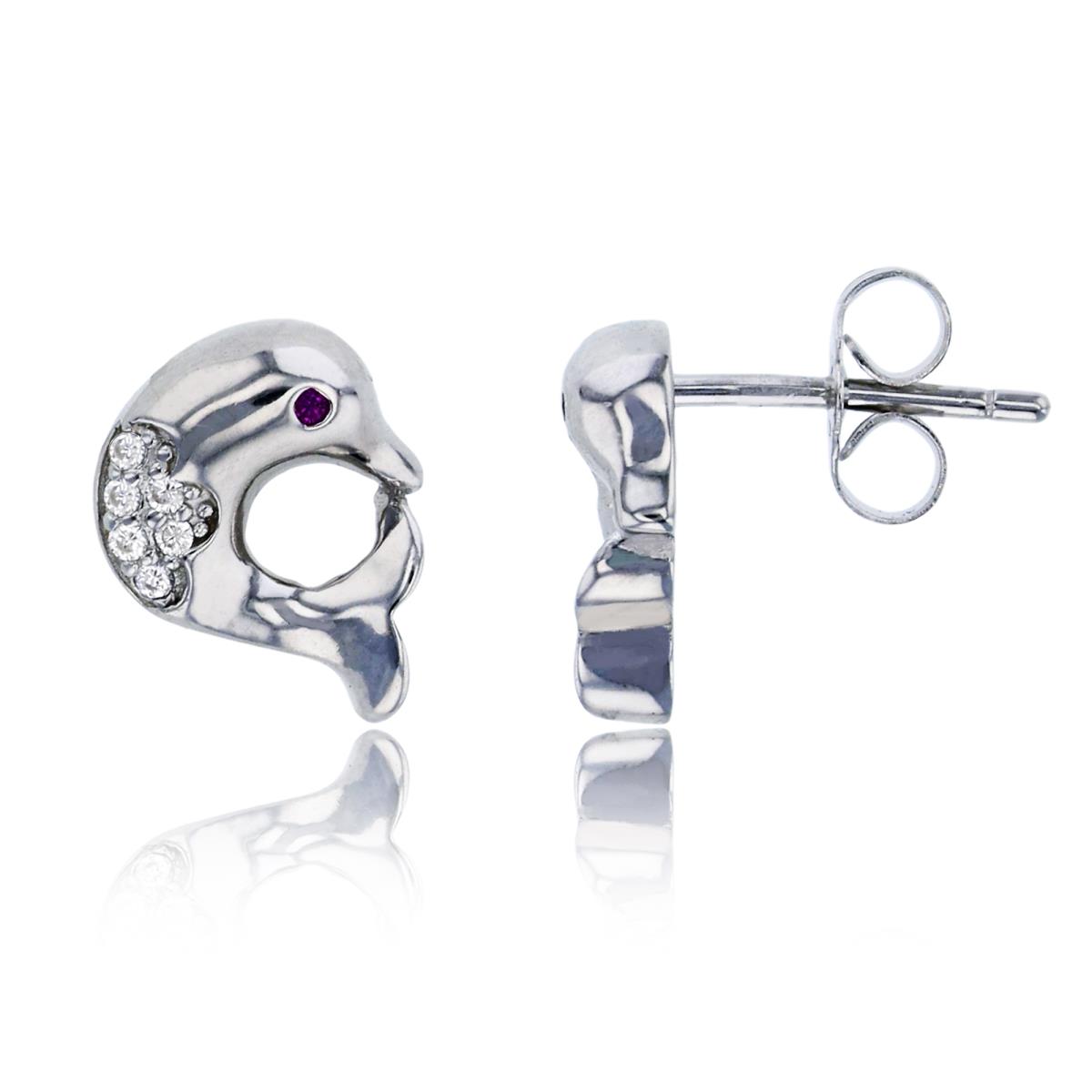 Sterling Silver Rhodium Pave & Polished Dolphin Stud Earring