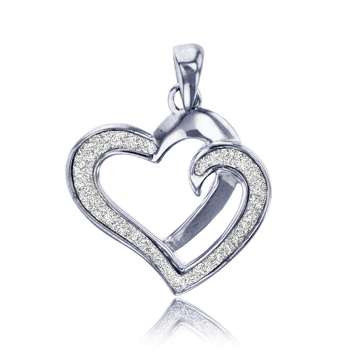 Sterling Silver Rhodium 24x18mm Glitter & Polished Heart Pendant