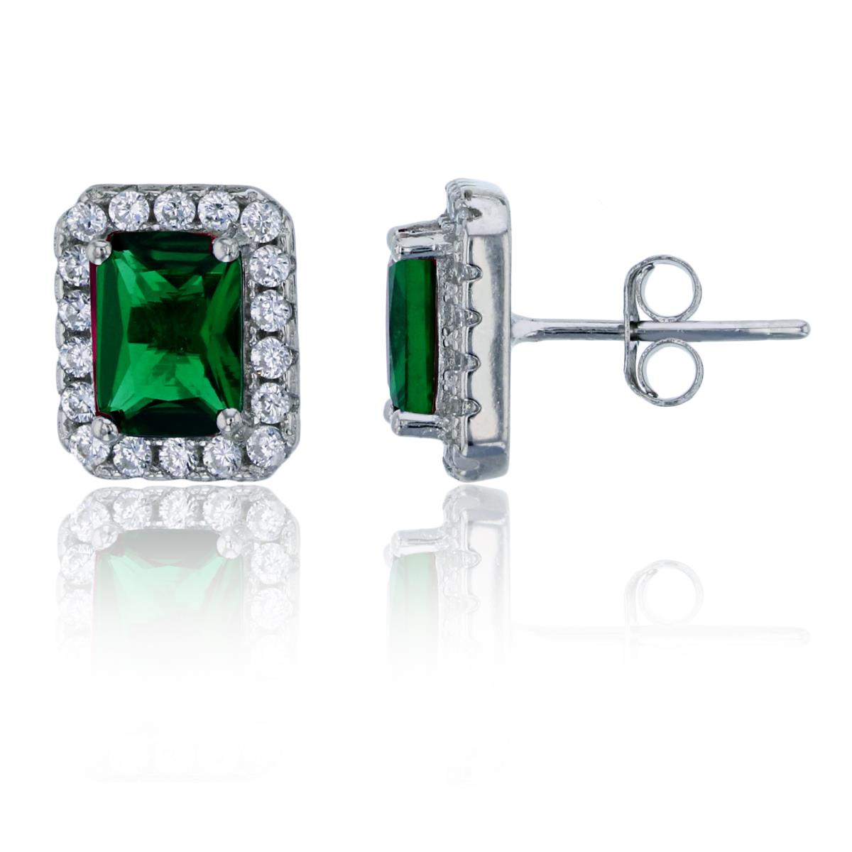 Sterling Silver Rhodium 8x6 Emerald Cut Green Emerald Halo Stud Earring