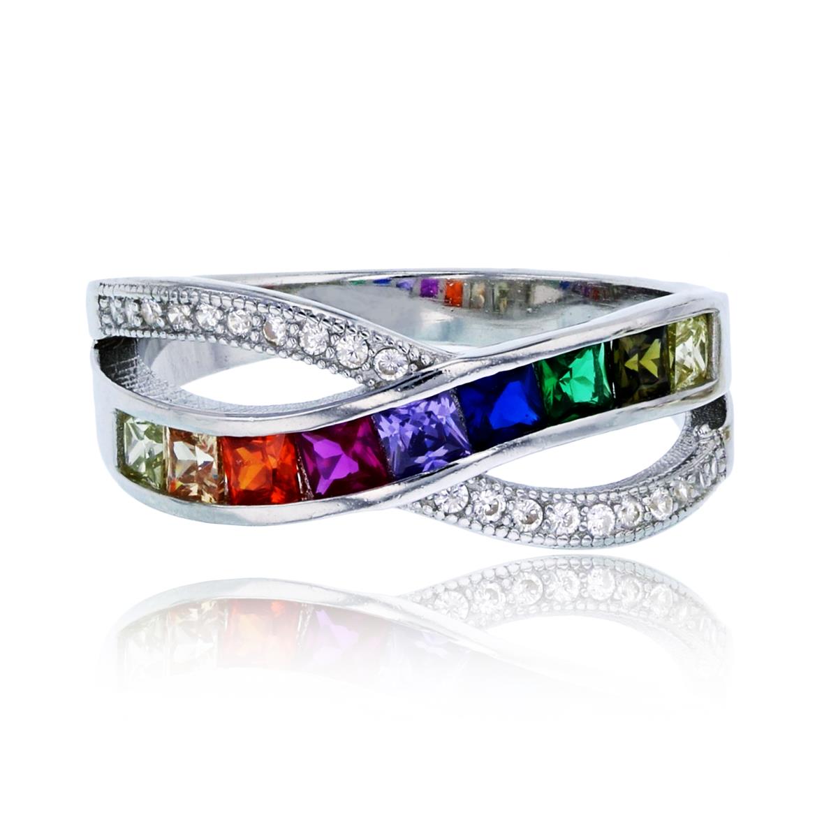 Sterling Silver Rhodium Pave Multi-Color Princess & Round Cut 2-Row Wavy Fashion Ring