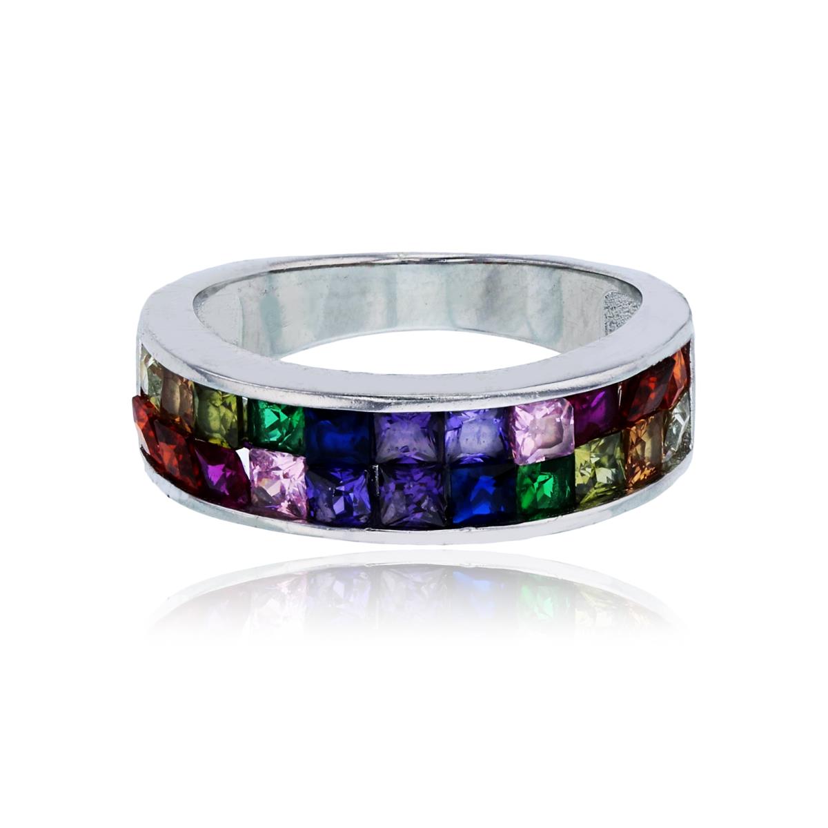 Sterling Silver Rhodium 2-Row Channel Multi Color Princess Cut Fashion Ring