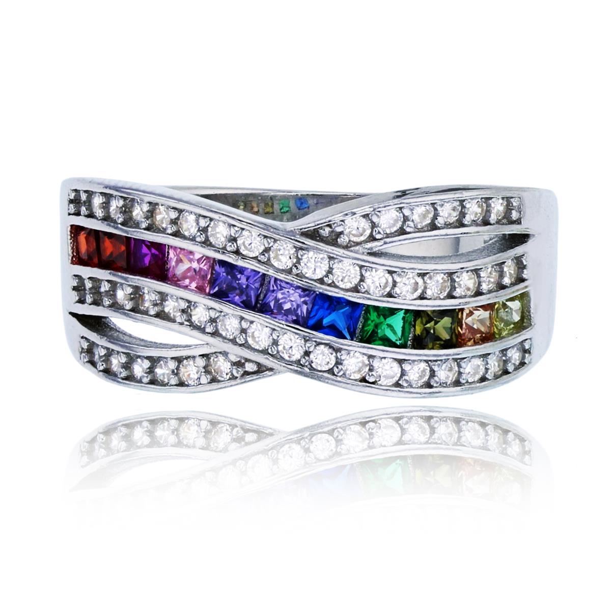 Sterling Silver Rhodium 4-Row Multi Color Princess & Round Cut Wavy Fashion Ring
