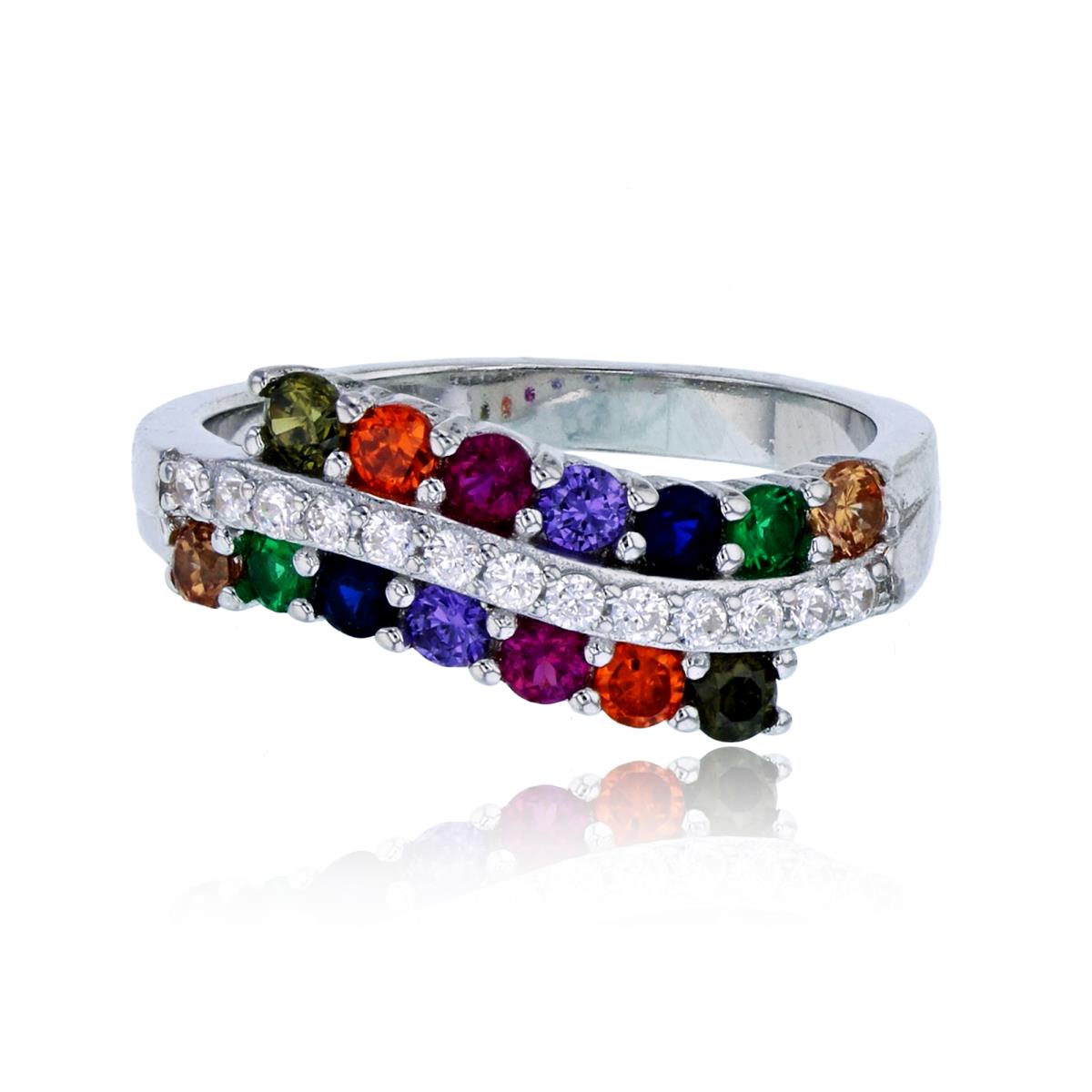 Sterling Silver Rhodium Pave 3-Row Multi-Color Wavy Fashion Ring