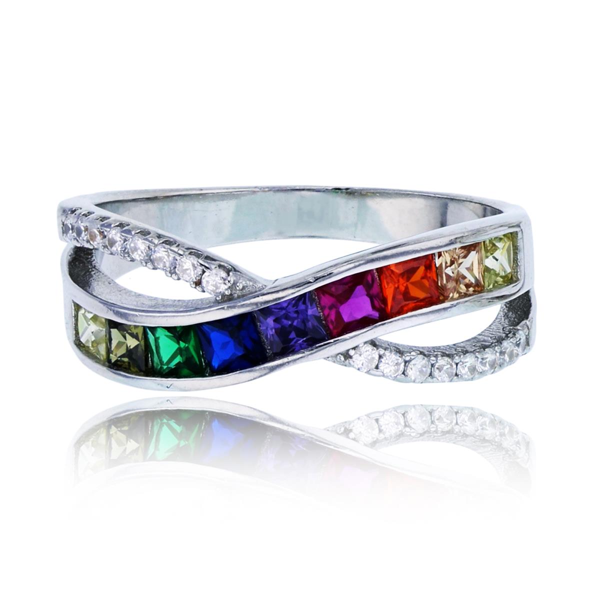 Sterling Silver Rhodium Multi Color Princess & Round Cut "X" Shaped Fashion Ring