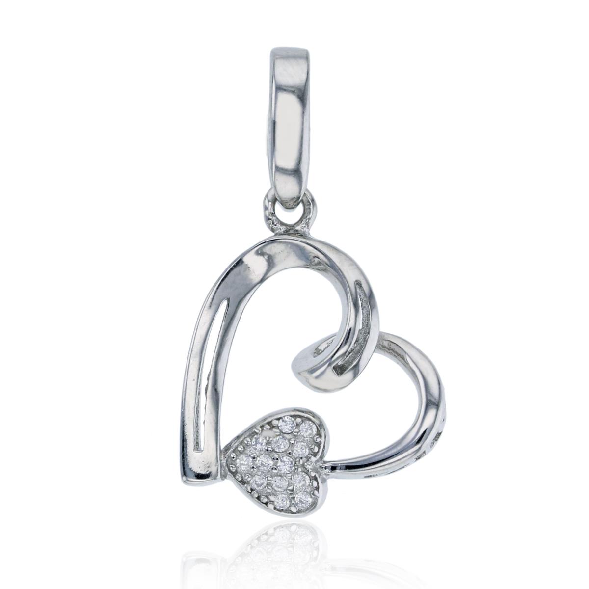 Sterling Silver Rhodium Polished & Micropave Hearts Dangling Pendant