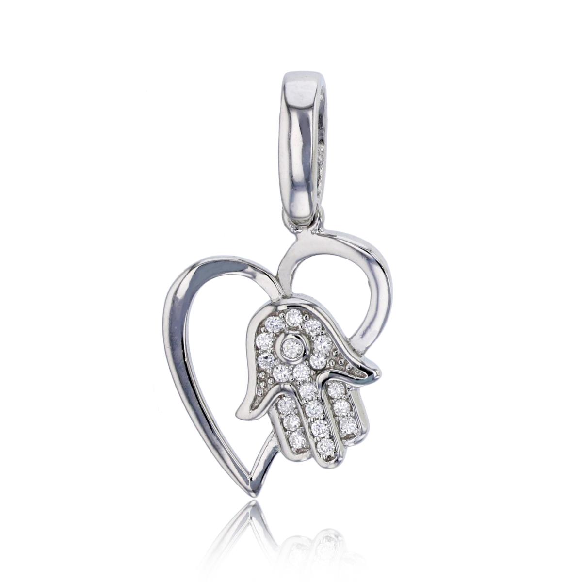 Sterling Silver Rhodium Polished & Micropave Hamsa within Heart Pendant