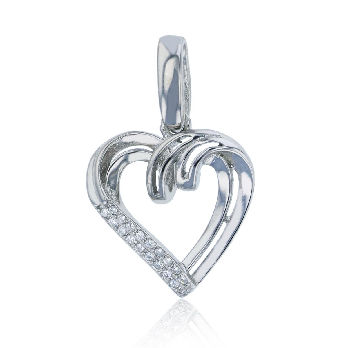Sterling Silver Rhodium Polished & Pave 2-Row Heart Pendant