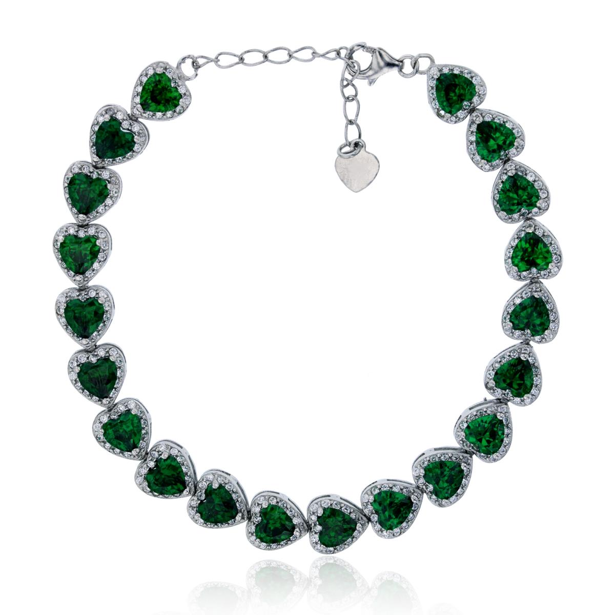 Sterling Silver Rhodium Green Emerald & White CZ Heart Cut 8" Halo Bracelet