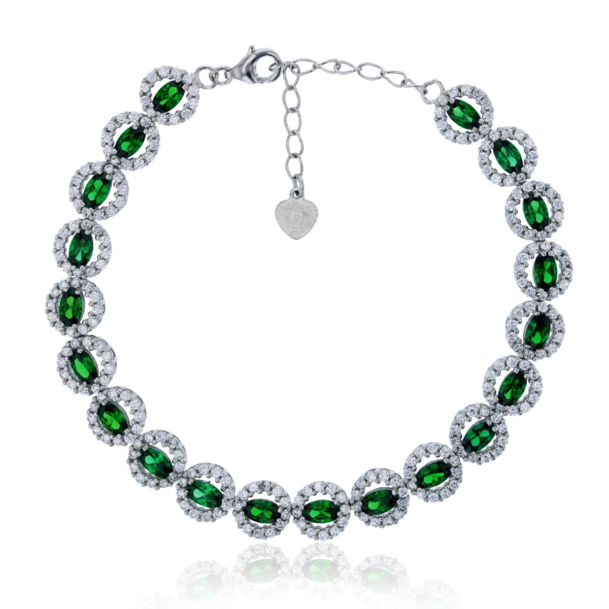 Sterling Silver Rhodium Oval Cut Green Emerald & White CZ Circle 8" Halo Bracelet