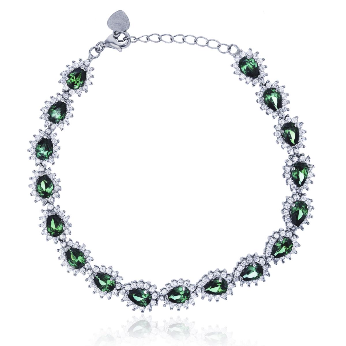 Sterling Silver Rhodium Green Emerald & White CZ Pear Cut  8" Halo Bracelet
