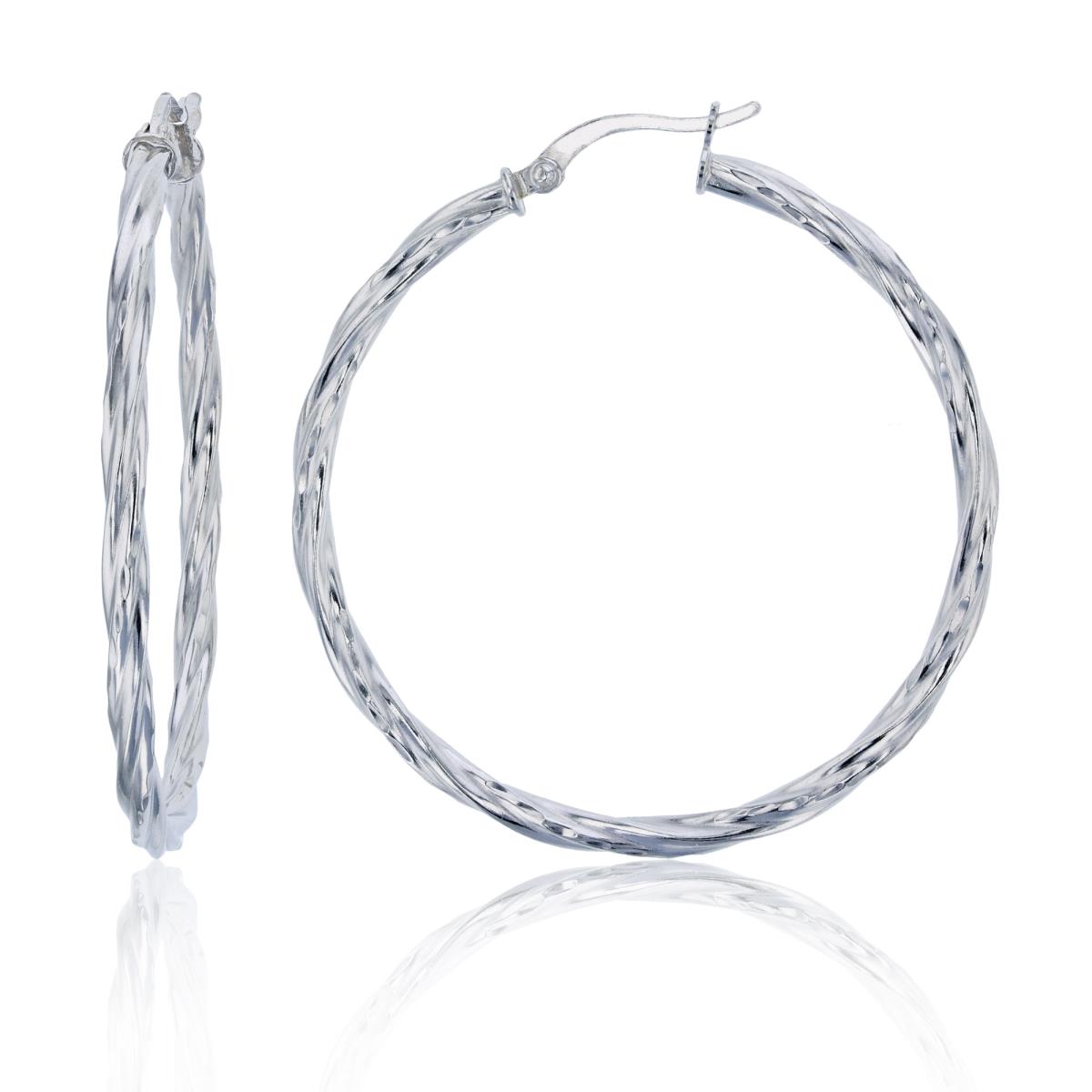 Sterling Silver Rhodium 40x3mm Tight Twist Polished & DC Hoop Earring