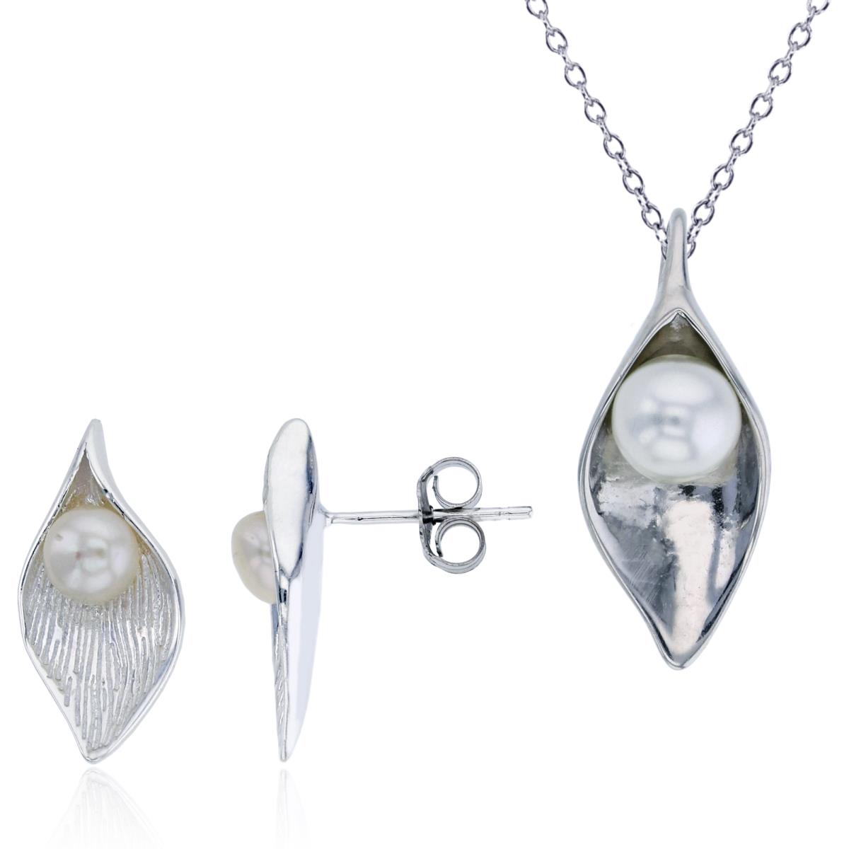 Sterling Silver Silver Plated 5mm Freshwater Pearl Textured Leaf Stud Earring and 18" Necklace