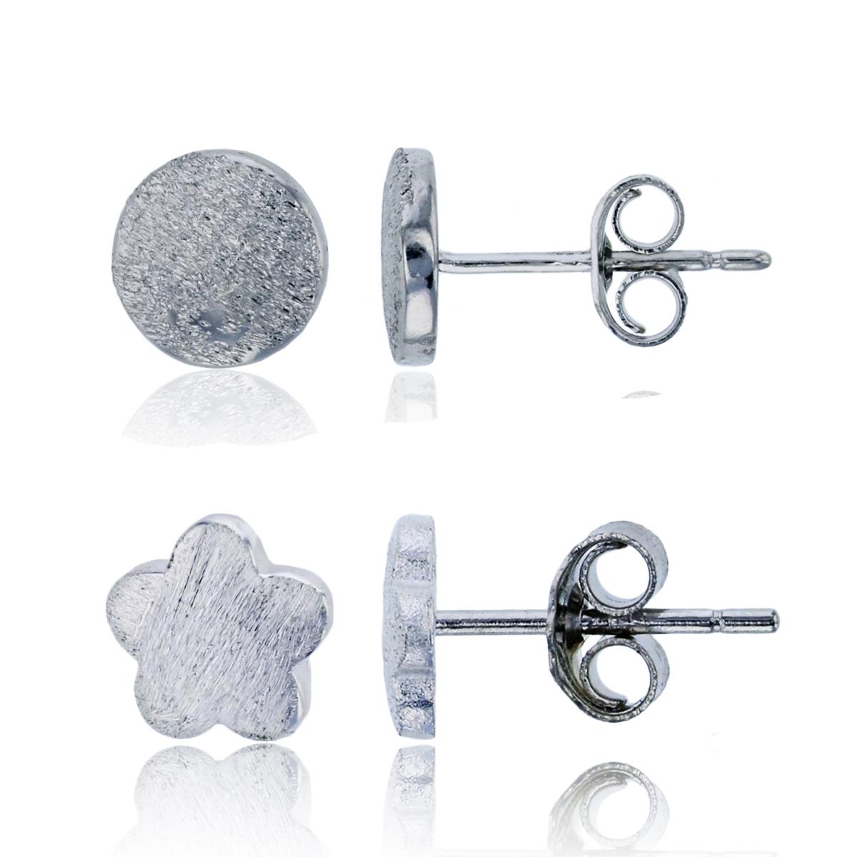 Sterling Silver Rhodium Satin Circle & Flower Stud Earring Set