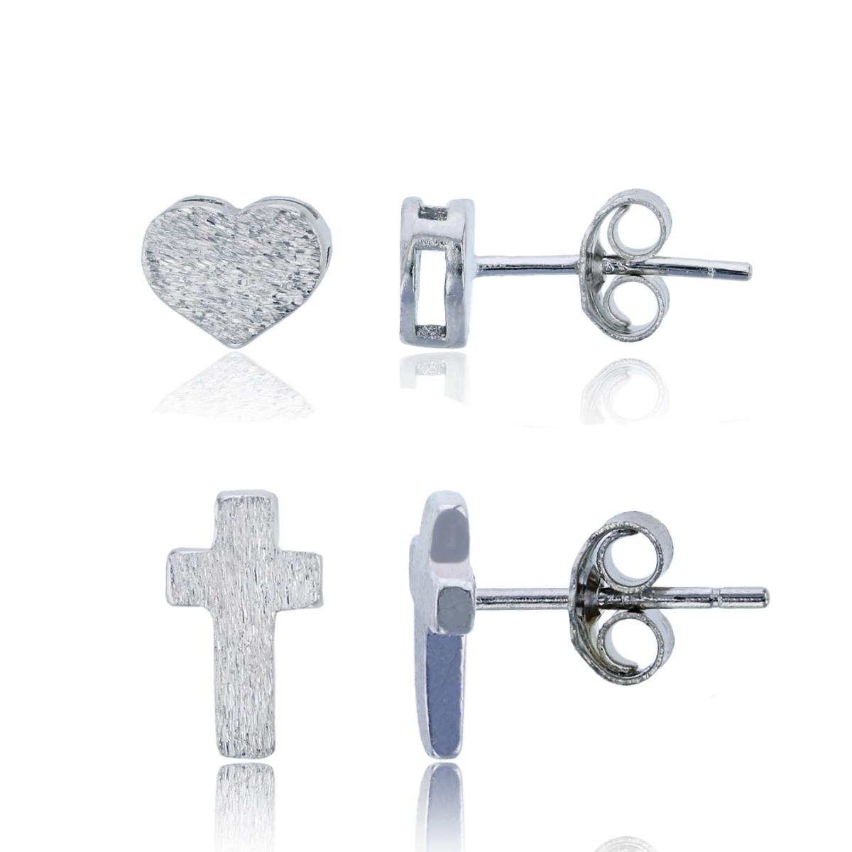 Sterling Silver Rhodium Satin Heart & Cross Stud Earring Set