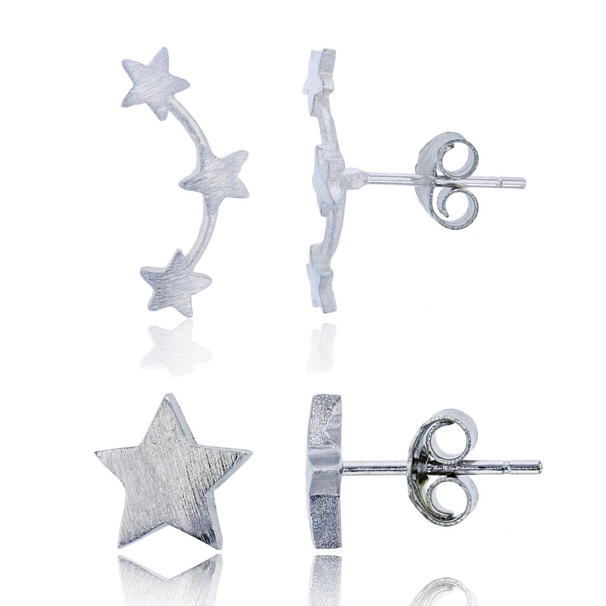 Sterling Silver Rhodium Satin Finish Triple Stars & Satin Star Stud Earring Set