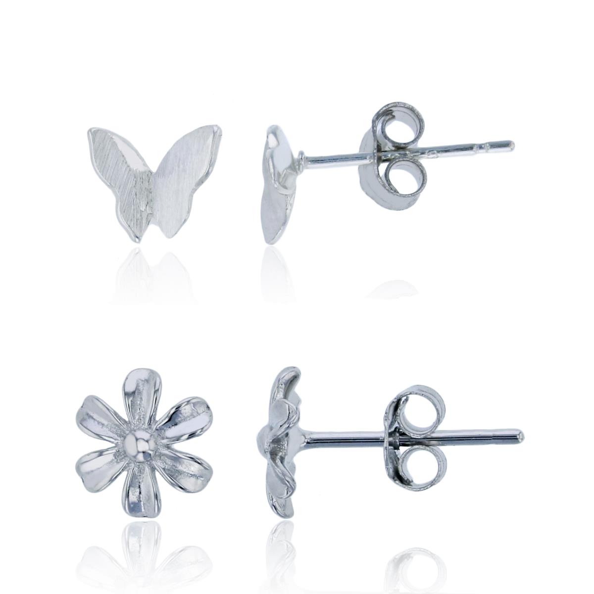 Sterling Silver Rhodium Satin Finish Butterfly & Polished Flower Stud Earring Set