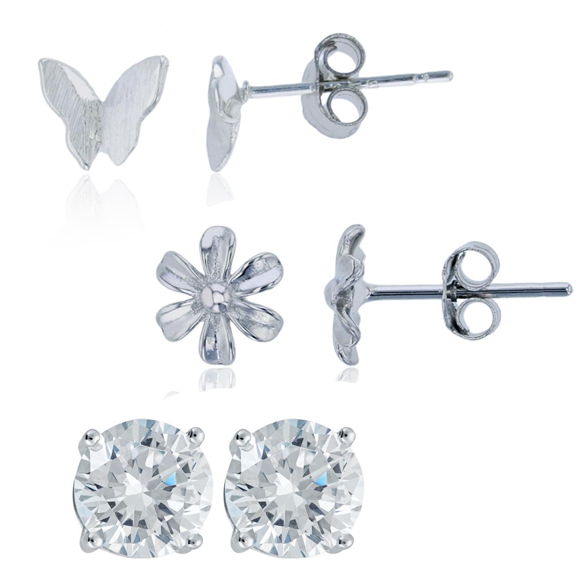 Sterling Silver Rhodium Satin Finish Butterfly, Polished Flower & 6mm Round Cut Stud Earring Set