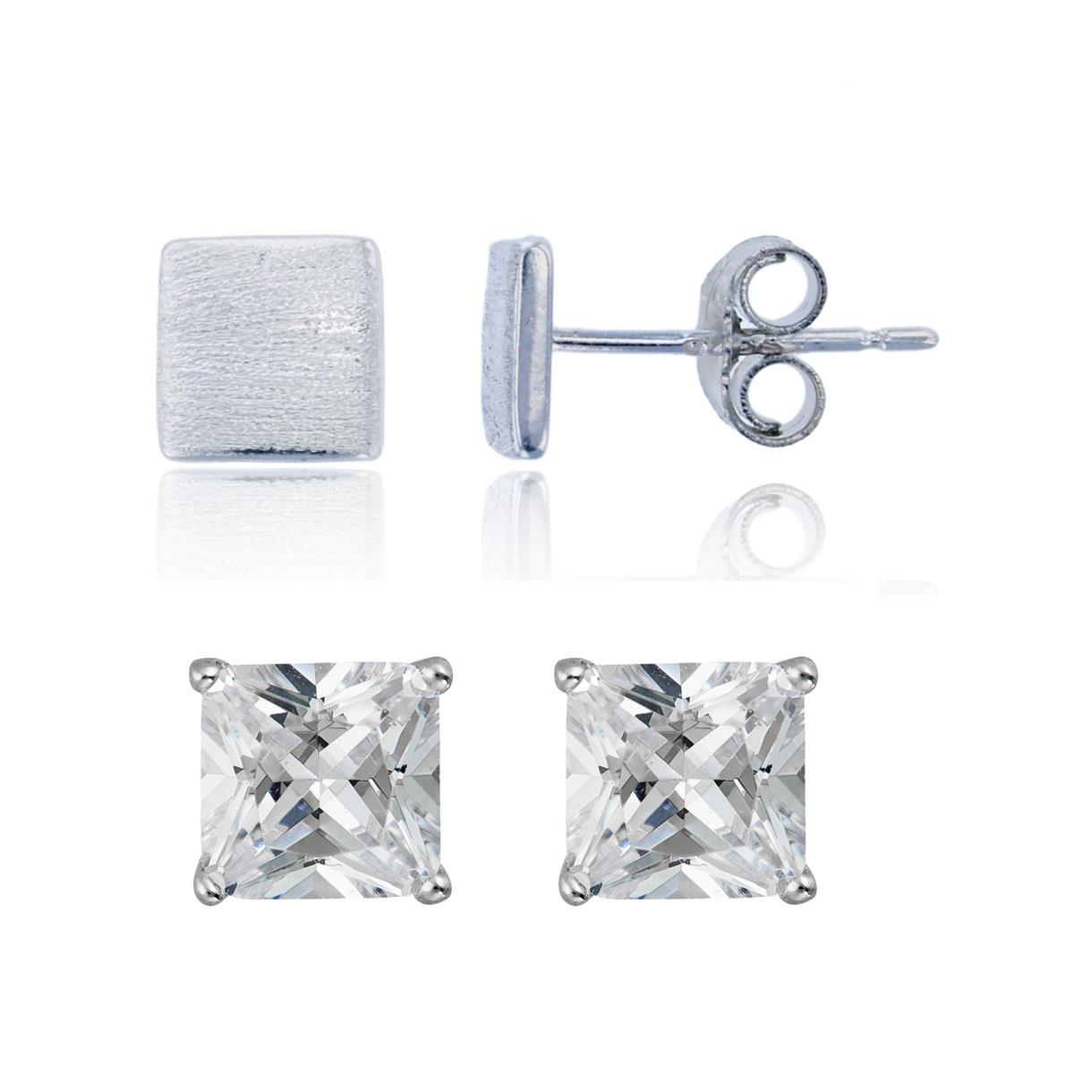 Sterling Silver Rhodium Satin Square & 6x6mm Square Cut Solitaire Stud Earring