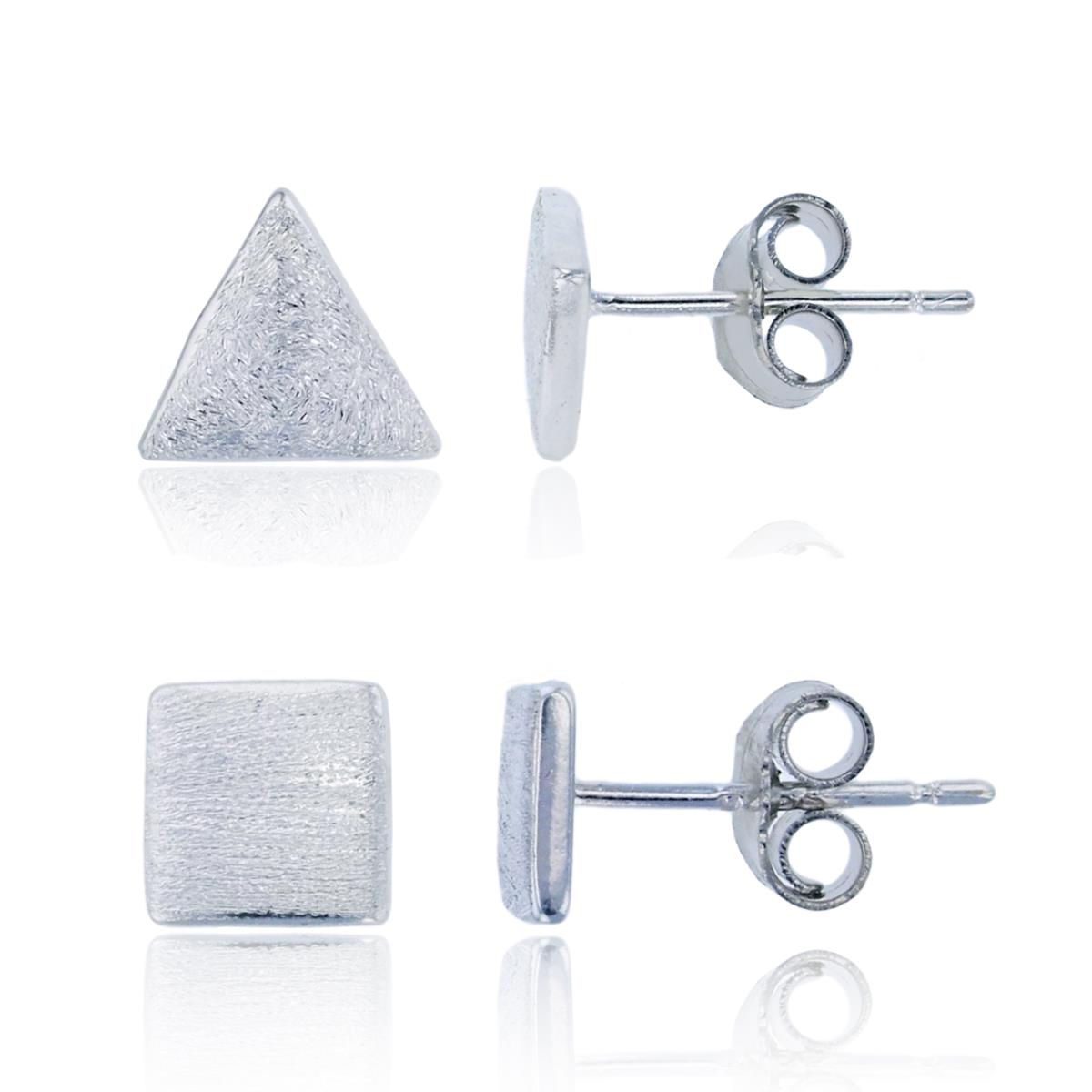 Sterling Silver Rhodium Satin Triangle & Square Stud Earring Set