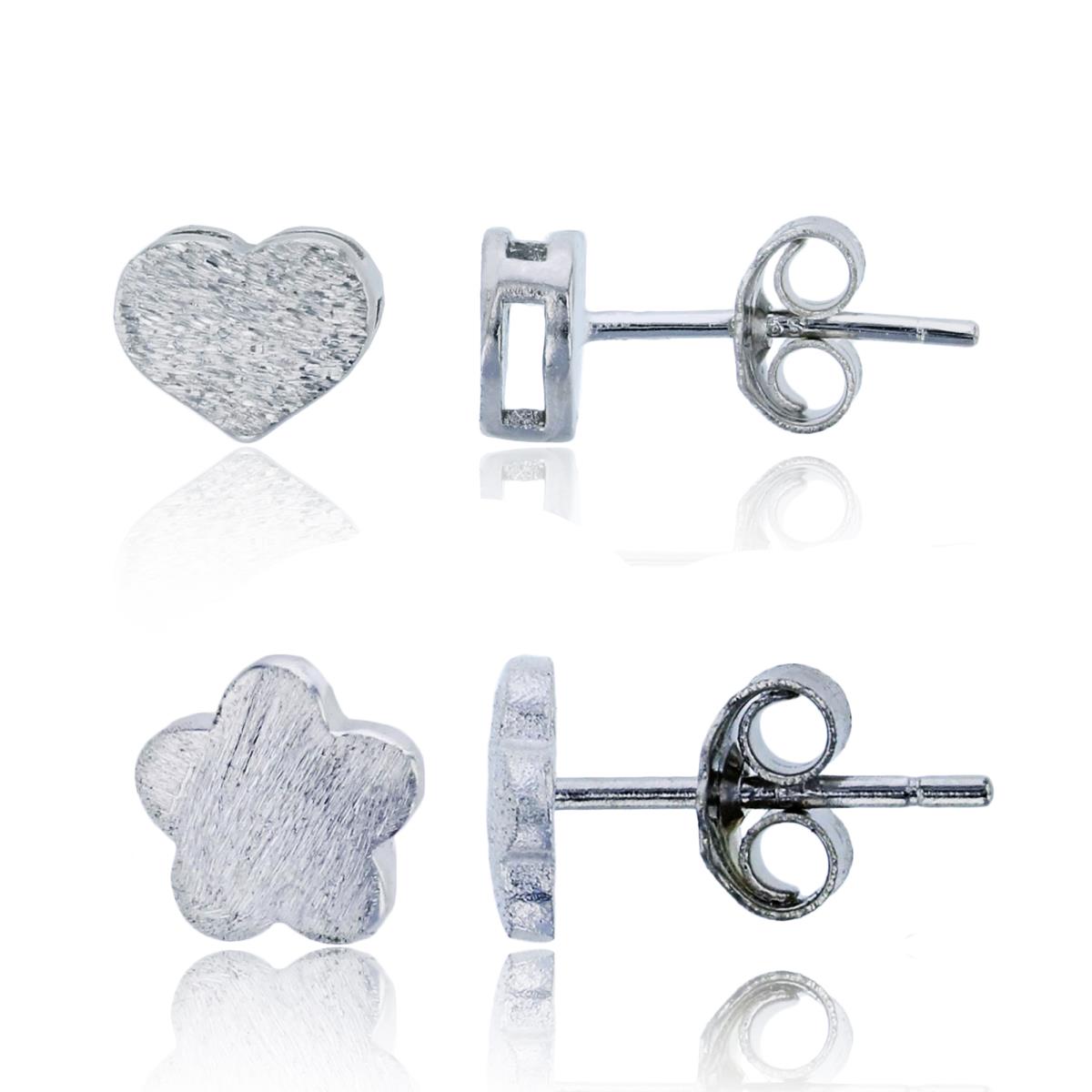 Sterling Silver Rhodium Satin Finish Flower & Heart Stud Earring Set