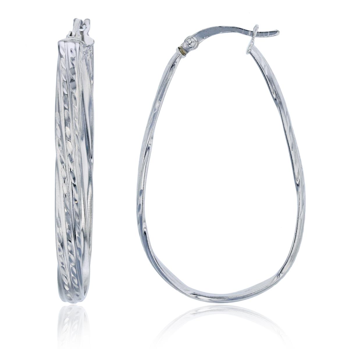 Sterling Silver Rhodium 40x4mm 3-Row Diamond Cut Pear Shaped Hoop Earring