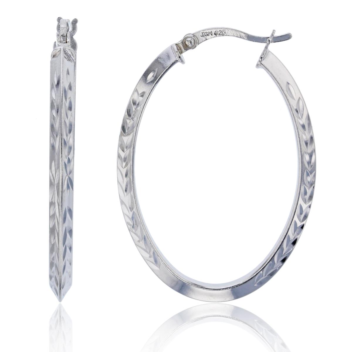 Sterling Silver Rhodium 35x3mm Diamond Flower Cut & Polished Oval Hoop Earring