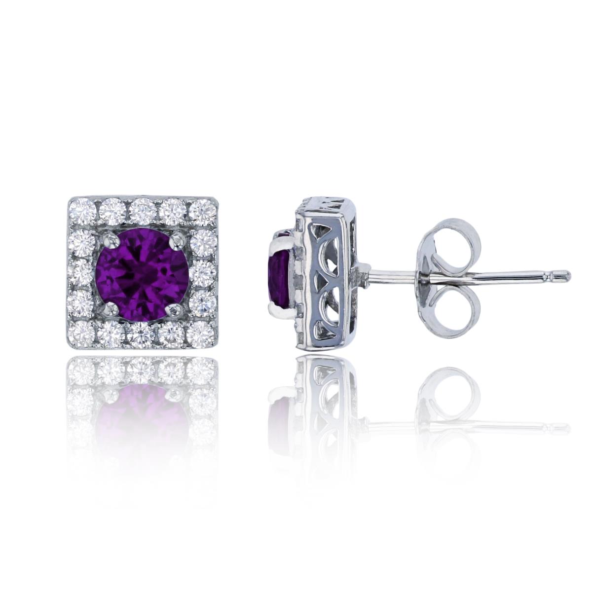 Sterling Silver Rhodium Pave 5mm Rd Amethyst CZ Square Stud Earring