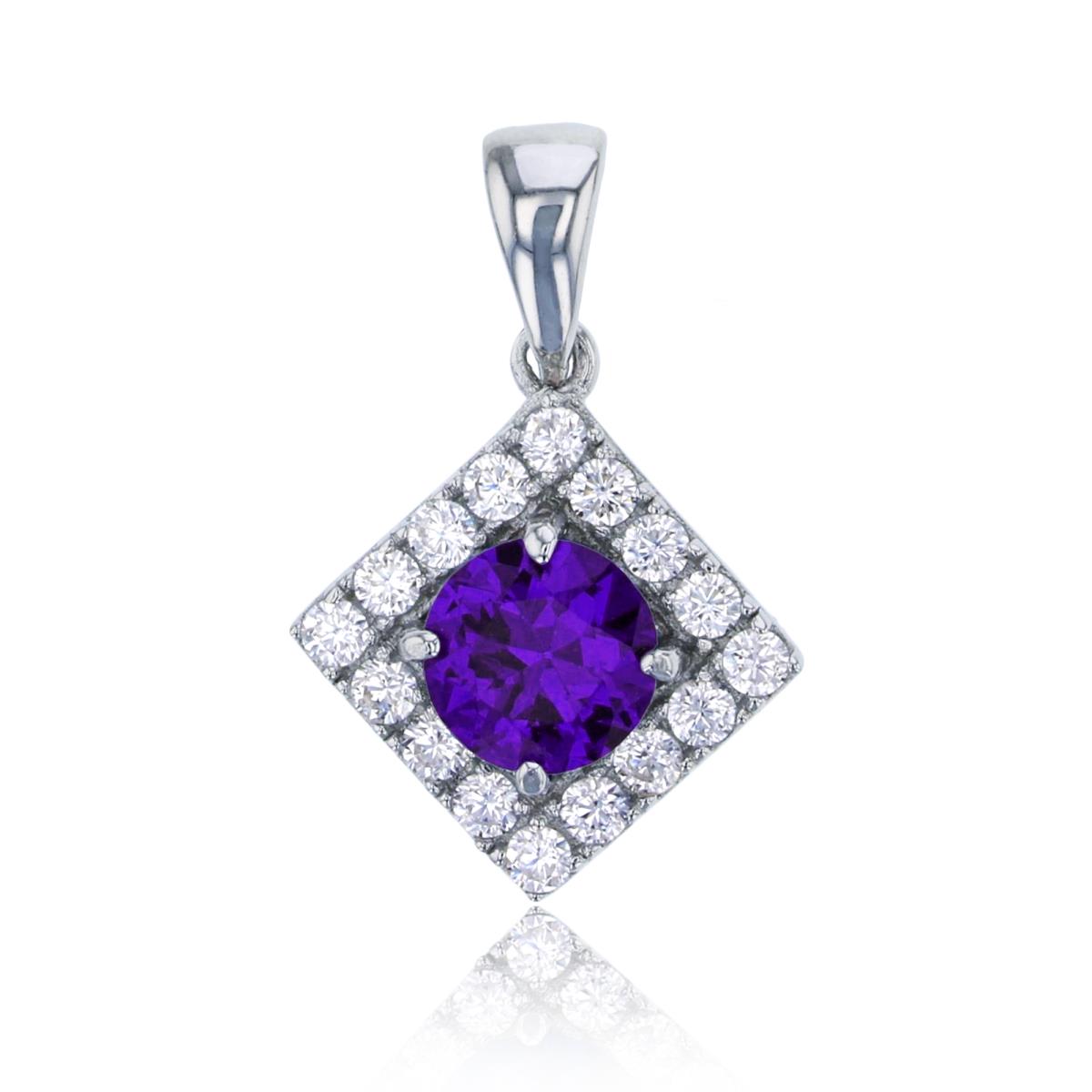Sterling Silver Rhodium Pave 6mm Rd Amethyst CZ Square Pendant