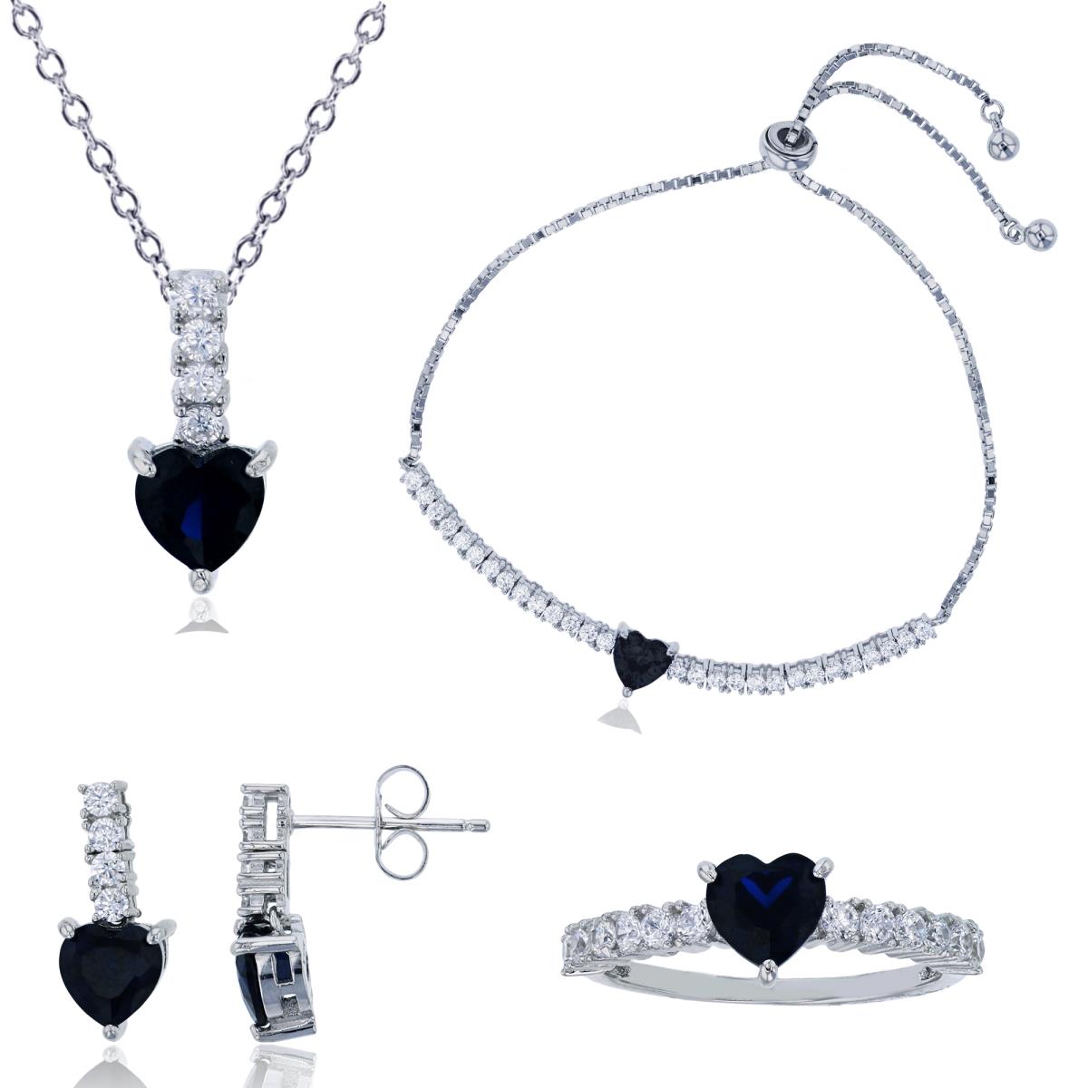 Sterling Silver Rhodium 6mm Sapphire Blue Heart Cut Jewelry Set (Bracelet, Earring, Ring and 18" Necklace)