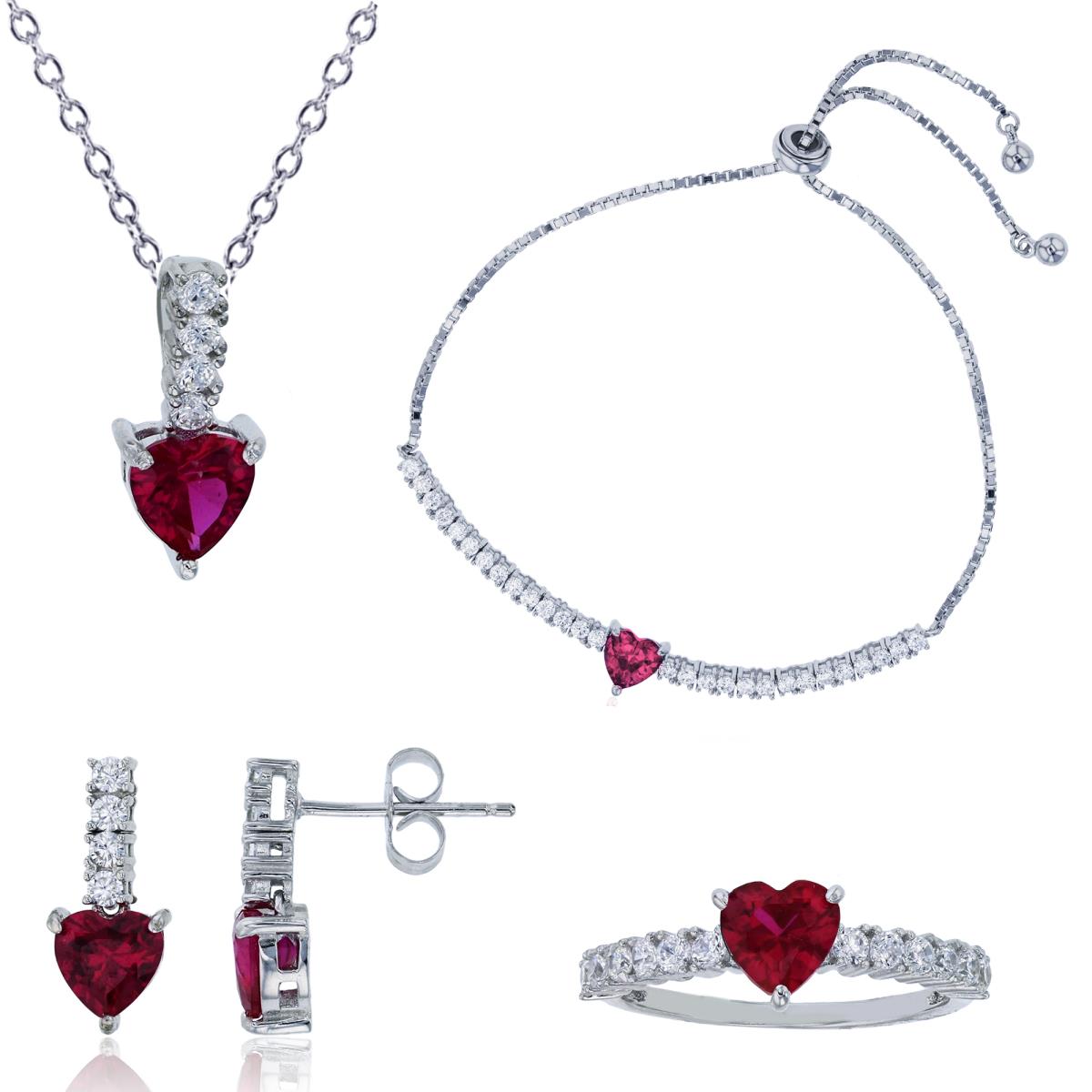 Sterling Silver Rhodium 6mm Red Ruby Heart Cut Jewelry Set (Bracelet, Earring, Ring and 18" Necklace)