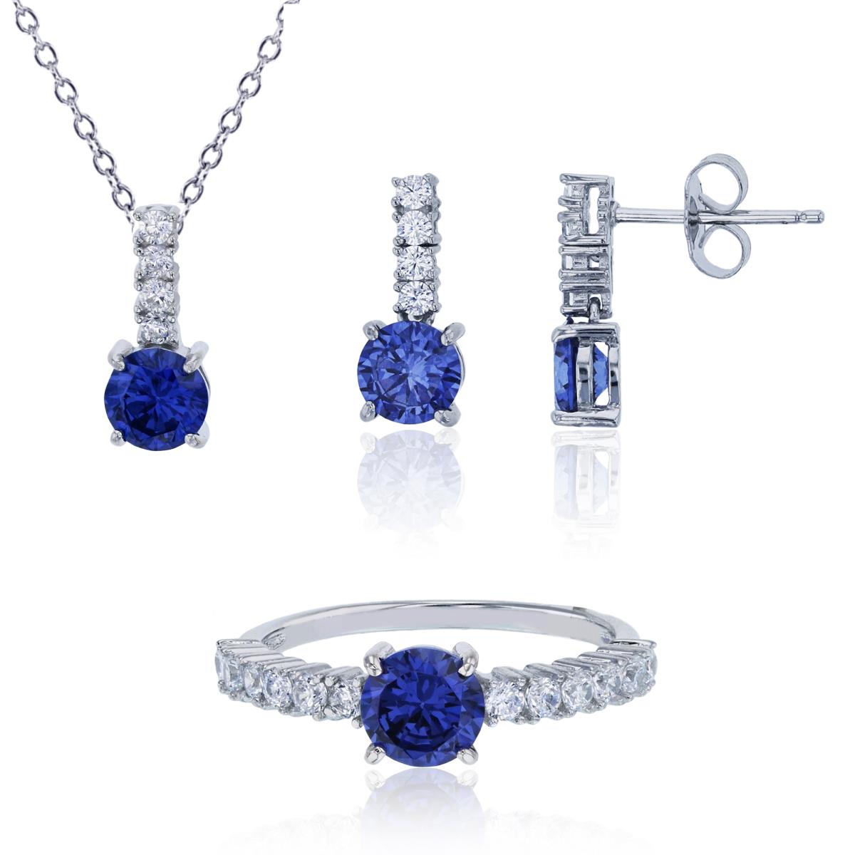 Sterling Silver Rhodium 6mm Tanzanite Round Drop 18" Necklace, Ring & Earring Set