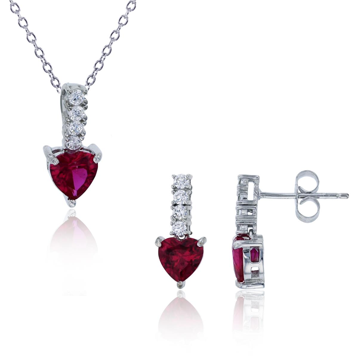 Sterling Silver Rhodium 6mm Red Ruby Heart Drop 18" Necklace & Earring Set
