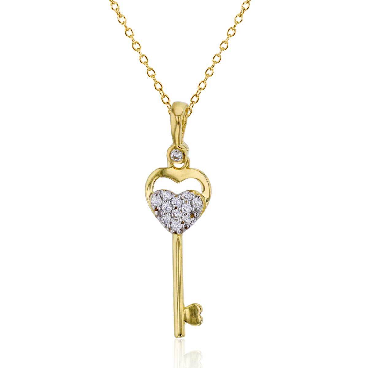 10K Yellow Gold 27x7mm Micropave Heart Polished Key 18" Necklace