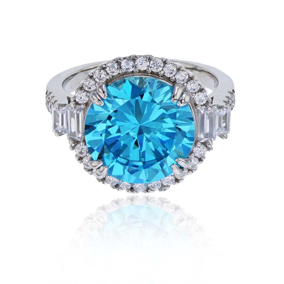 Sterling Silver Rhodium 12mm Swiss Blue Rd Cut & White CZ Halo Fashion Ring