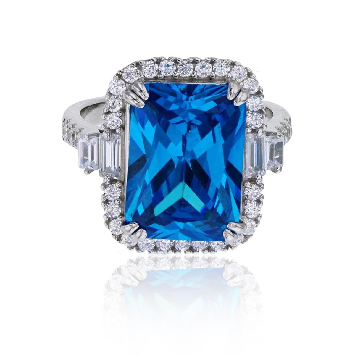 Sterling Silver Rhodium 14x10mm Swiss Blue Emerald Cut & White CZ Halo Fashion Ring