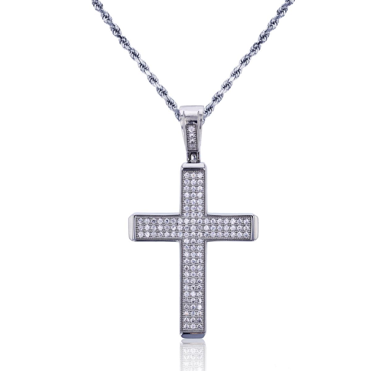 Sterling Silver Rhodium Micropave Round CZ Cross with 20" 1.78mm DC 8 Side Rope Chain