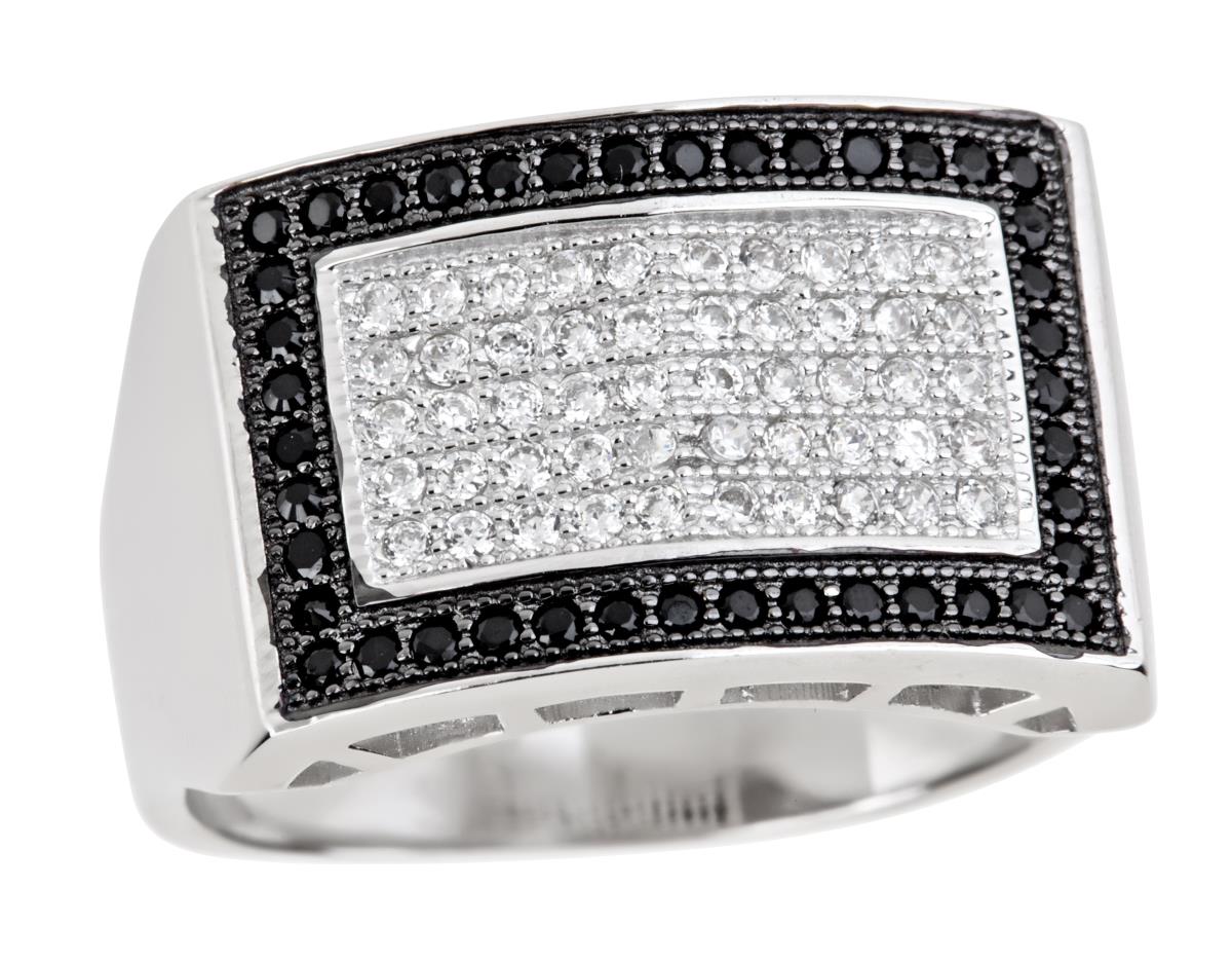 Sterling Silver Black & White Men's Pave Block & Black Plated Under Gallery Border Ring