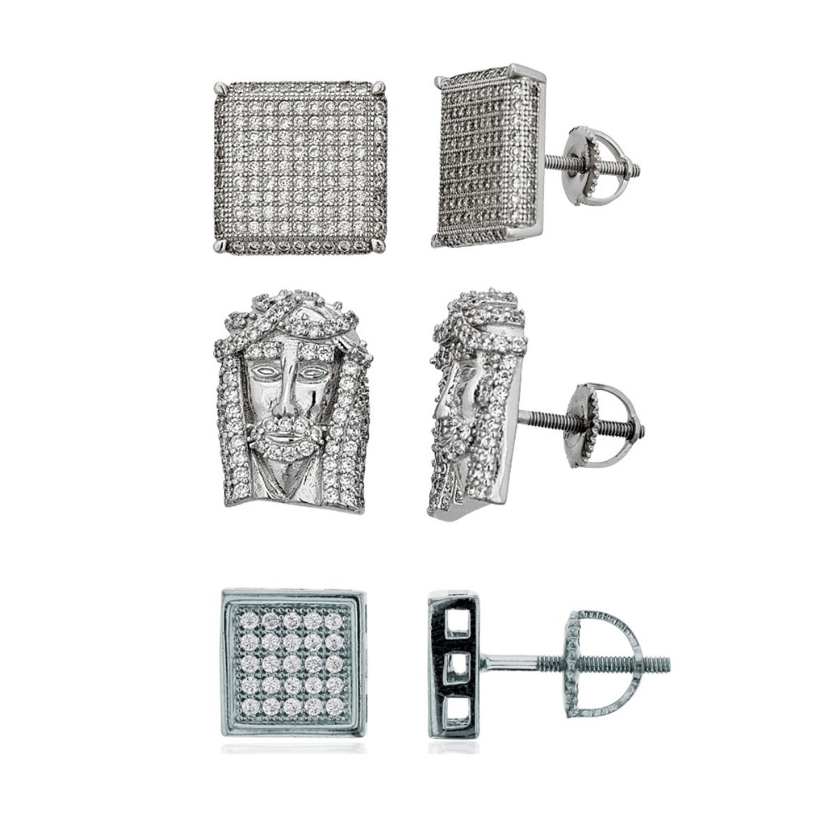 Sterling Silver Rhodium Double Square & Jesus Micropave Stud Set