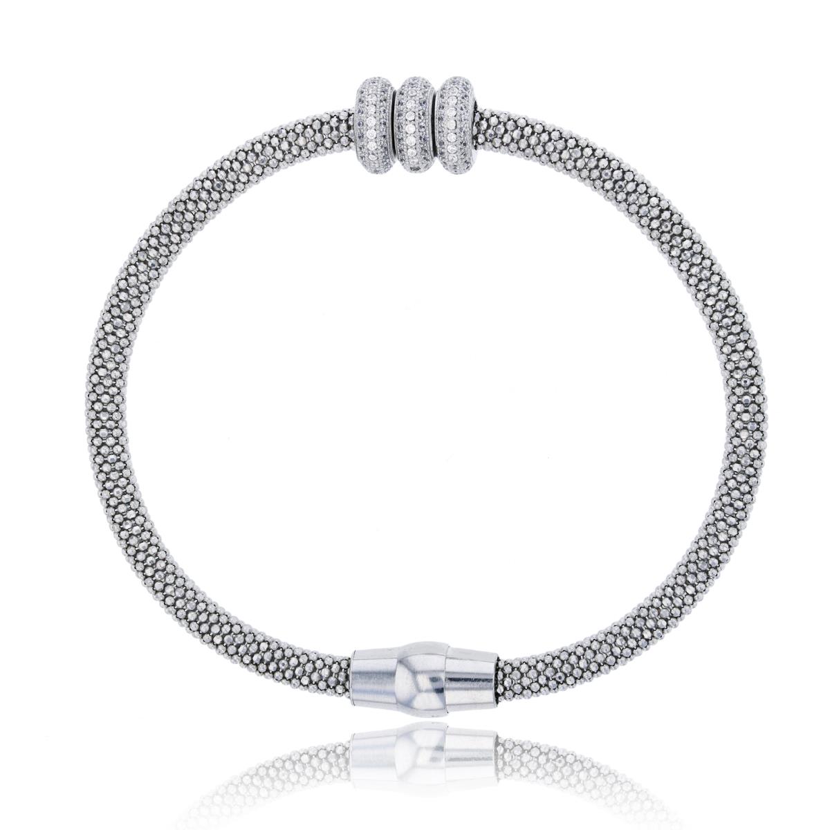 Sterling Silver Rhodium Pave Triple Roundel Magnetic Mesh Bracelet