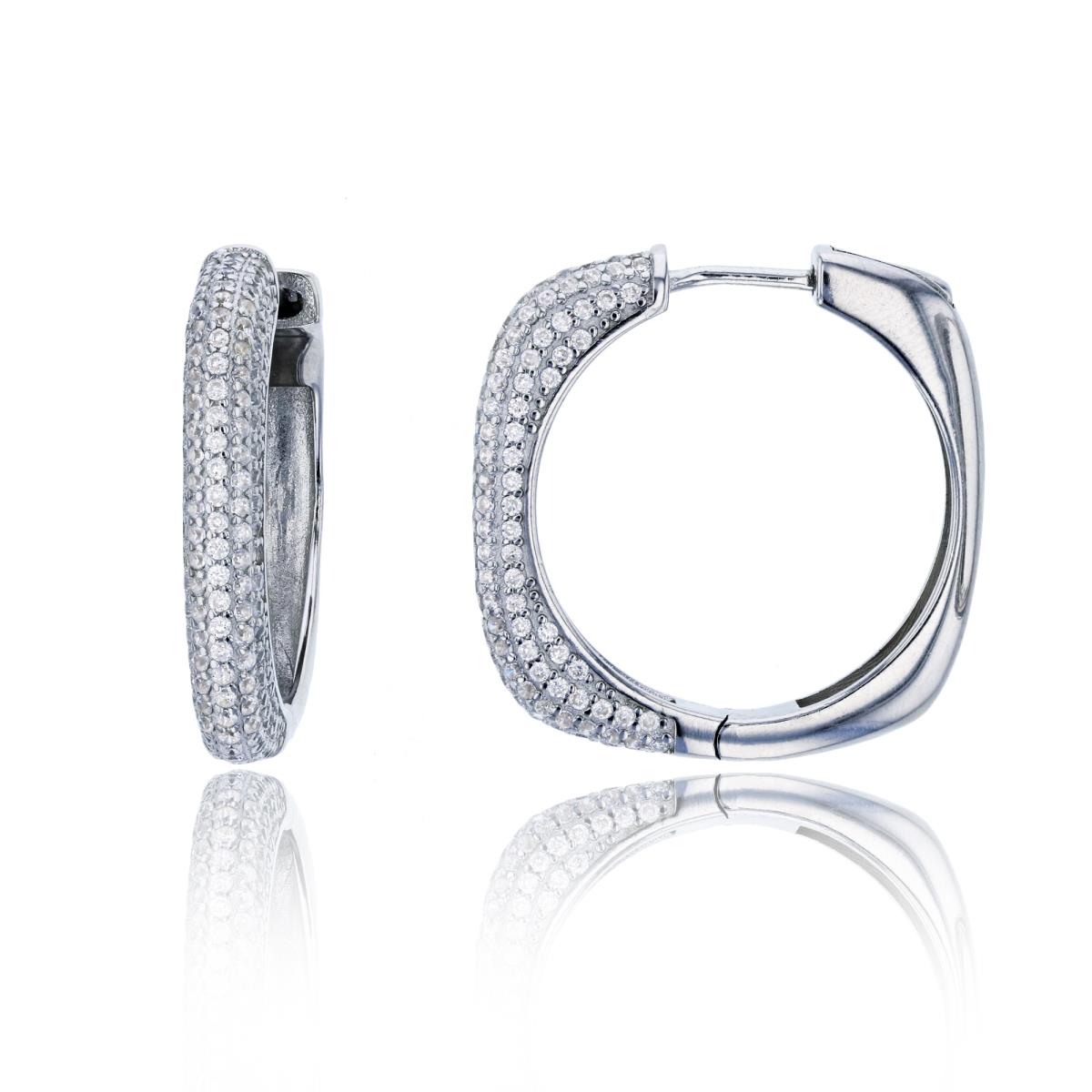 Sterling Silver Rhodium 30x5mm Pave & Polished Squared Hoop Earring
