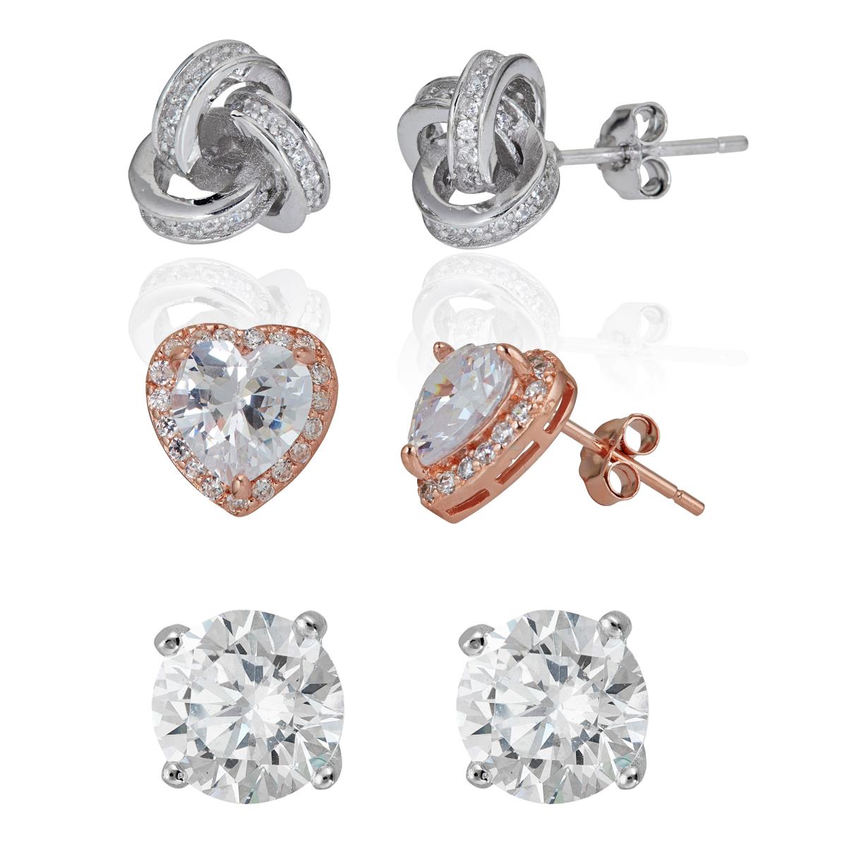 Sterling Silver Rhodium 3D Love knot, Rose Heart & 6mm Rd Cut Stud Earring Set