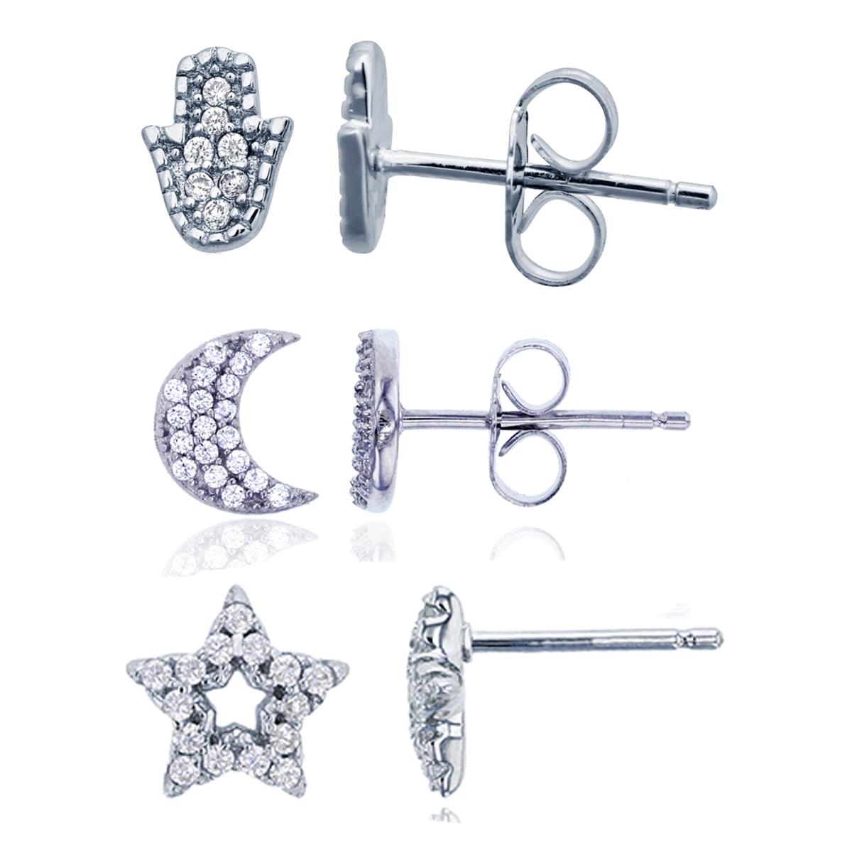 Sterling Silver Rhodium Hamsa, Moon & Star Stud Earring Set