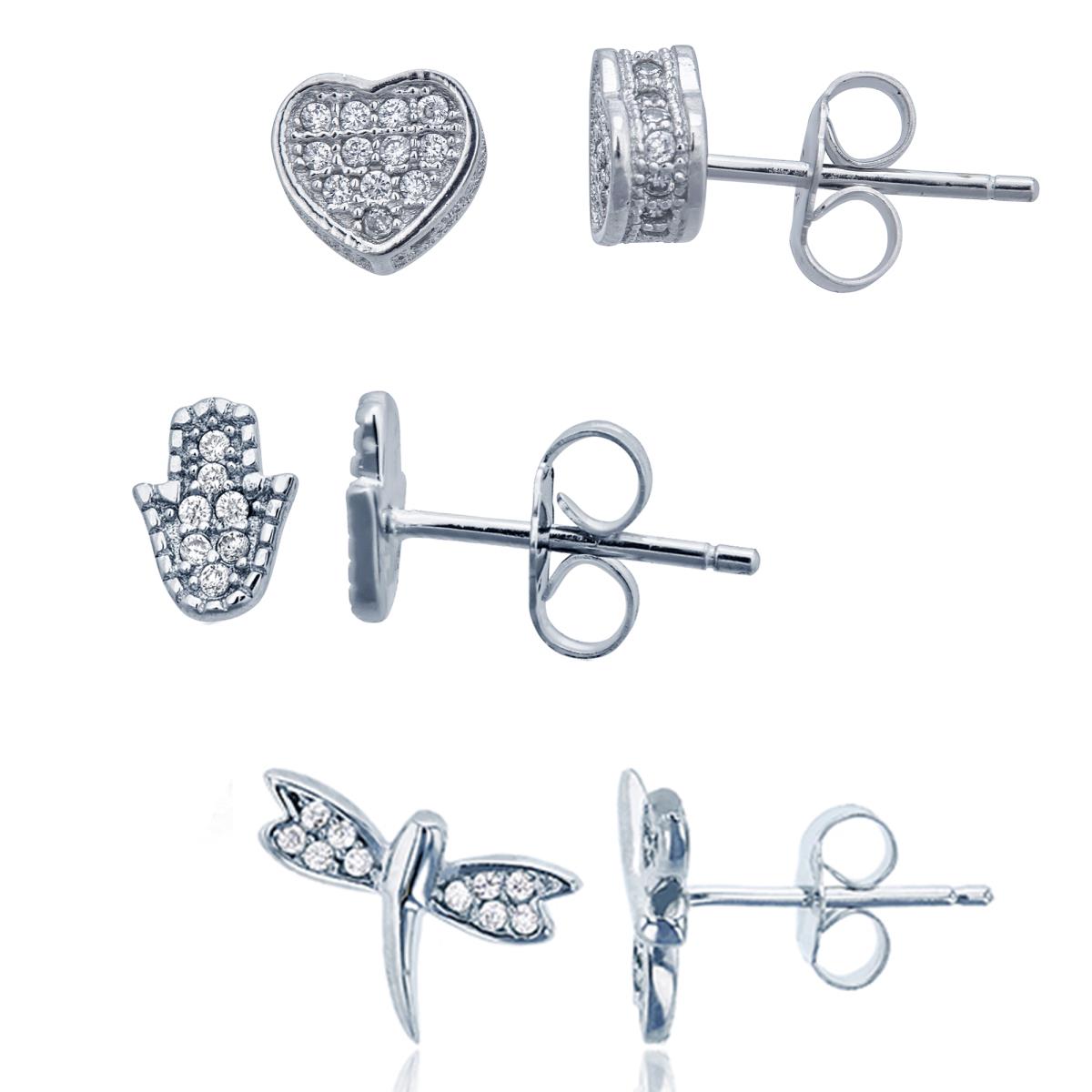 Sterling Silver Micropave Heart, Hamsa & Dragon Fly Stud Earring Set